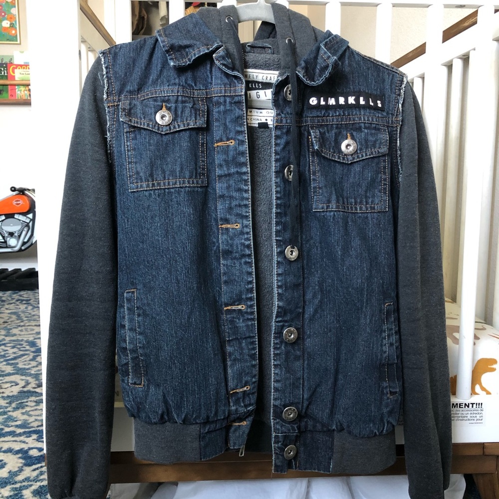Women’s moto jacket, hoodie with faux denim vest